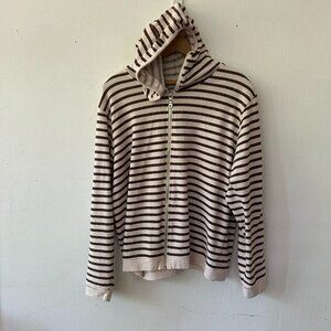 Onque Casuals Zip Front Hoodie Womens Large Cream Brown Striped Cozy Minimalist